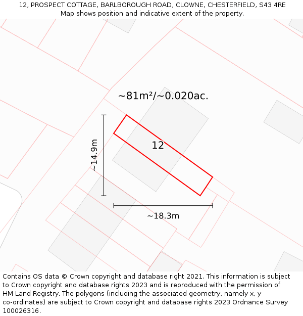12, PROSPECT COTTAGE, BARLBOROUGH ROAD, CLOWNE, CHESTERFIELD, S43 4RE: Plot and title map