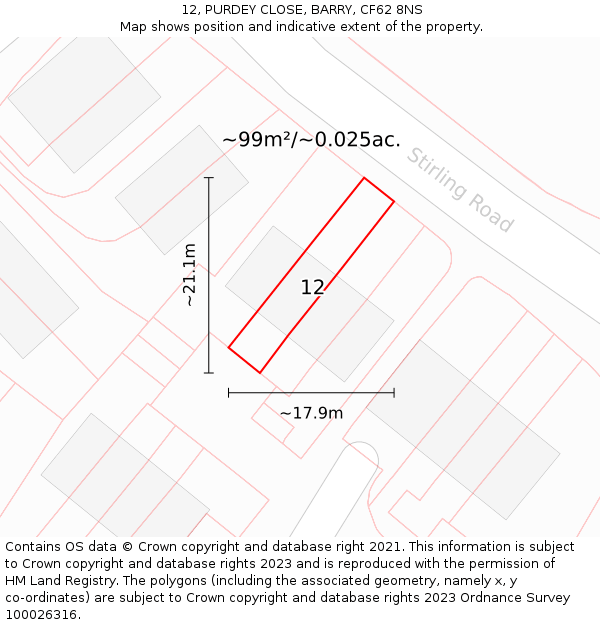12, PURDEY CLOSE, BARRY, CF62 8NS: Plot and title map