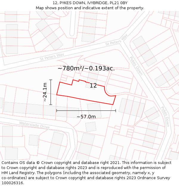 12, PYKES DOWN, IVYBRIDGE, PL21 0BY: Plot and title map