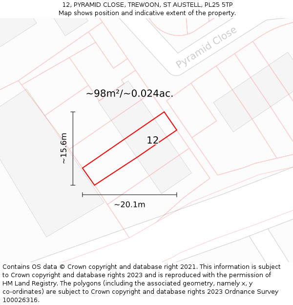 12, PYRAMID CLOSE, TREWOON, ST AUSTELL, PL25 5TP: Plot and title map