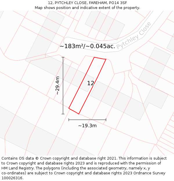 12, PYTCHLEY CLOSE, FAREHAM, PO14 3SF: Plot and title map