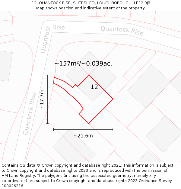 12, QUANTOCK RISE, SHEPSHED, LOUGHBOROUGH, LE12 9JR: Plot and title map