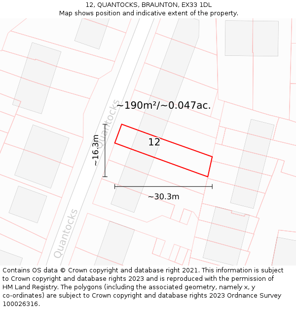 12, QUANTOCKS, BRAUNTON, EX33 1DL: Plot and title map