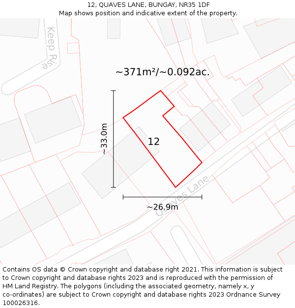 12, QUAVES LANE, BUNGAY, NR35 1DF: Plot and title map