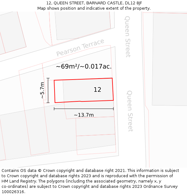 12, QUEEN STREET, BARNARD CASTLE, DL12 8JF: Plot and title map
