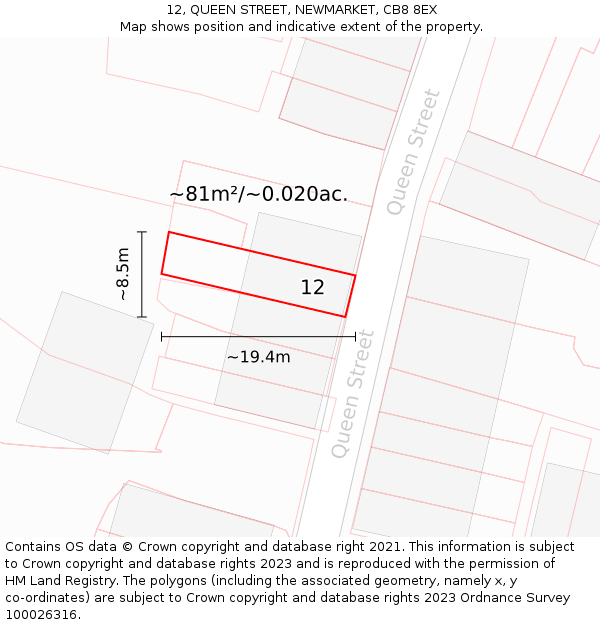12, QUEEN STREET, NEWMARKET, CB8 8EX: Plot and title map