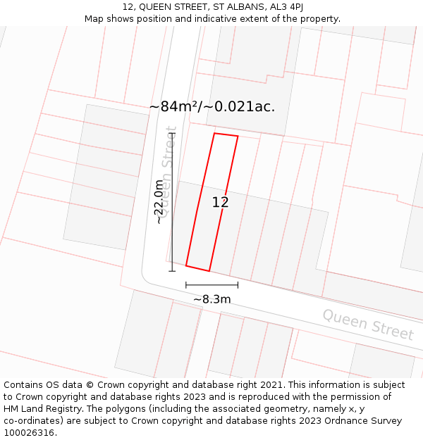 12, QUEEN STREET, ST ALBANS, AL3 4PJ: Plot and title map