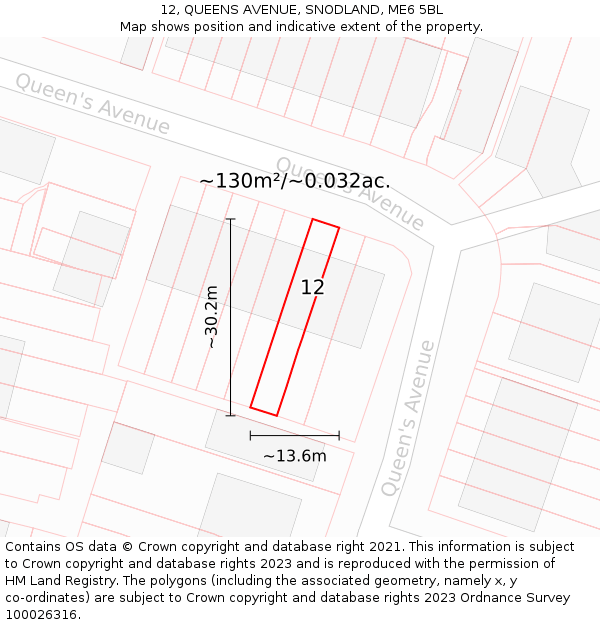 12, QUEENS AVENUE, SNODLAND, ME6 5BL: Plot and title map