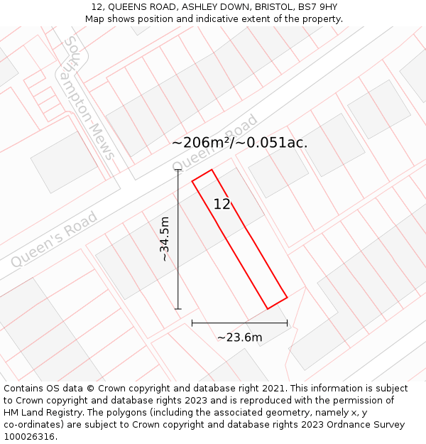 12, QUEENS ROAD, ASHLEY DOWN, BRISTOL, BS7 9HY: Plot and title map