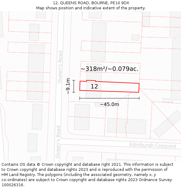 12, QUEENS ROAD, BOURNE, PE10 9DX: Plot and title map