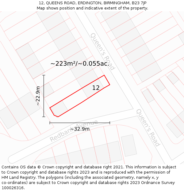 12, QUEENS ROAD, ERDINGTON, BIRMINGHAM, B23 7JP: Plot and title map