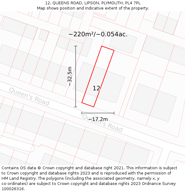 12, QUEENS ROAD, LIPSON, PLYMOUTH, PL4 7PL: Plot and title map
