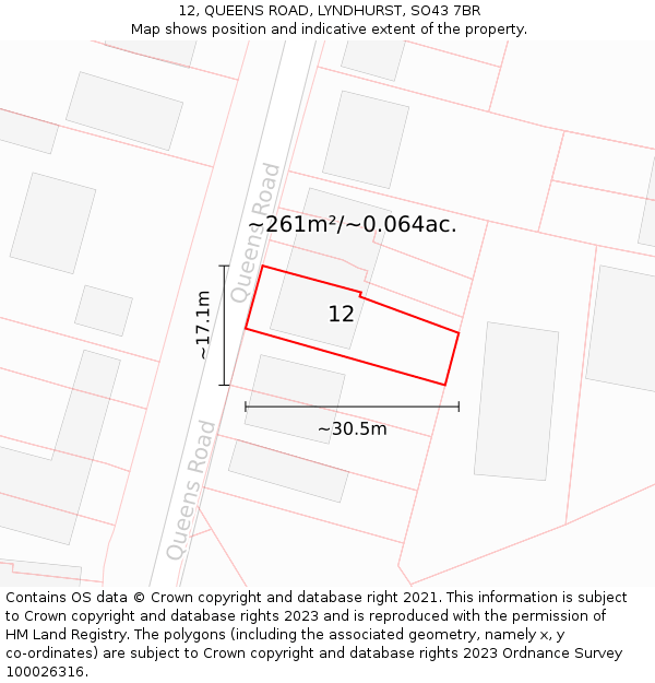 12, QUEENS ROAD, LYNDHURST, SO43 7BR: Plot and title map