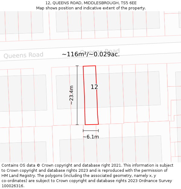 12, QUEENS ROAD, MIDDLESBROUGH, TS5 6EE: Plot and title map