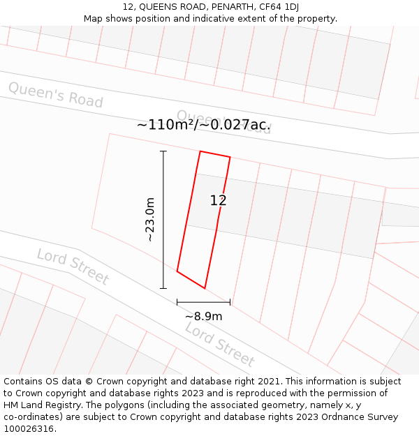 12, QUEENS ROAD, PENARTH, CF64 1DJ: Plot and title map