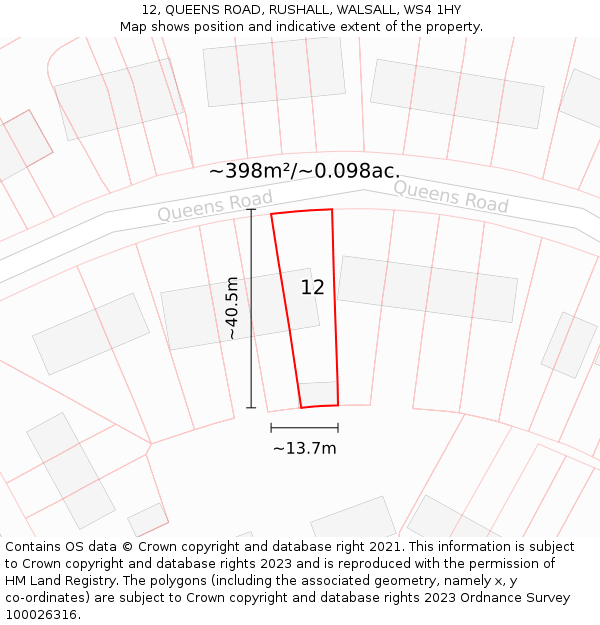 12, QUEENS ROAD, RUSHALL, WALSALL, WS4 1HY: Plot and title map