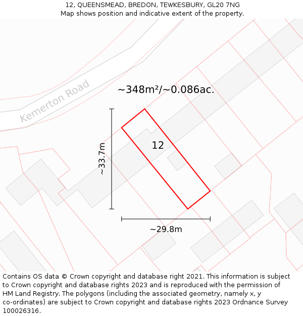 12, QUEENSMEAD, BREDON, TEWKESBURY, GL20 7NG: Plot and title map