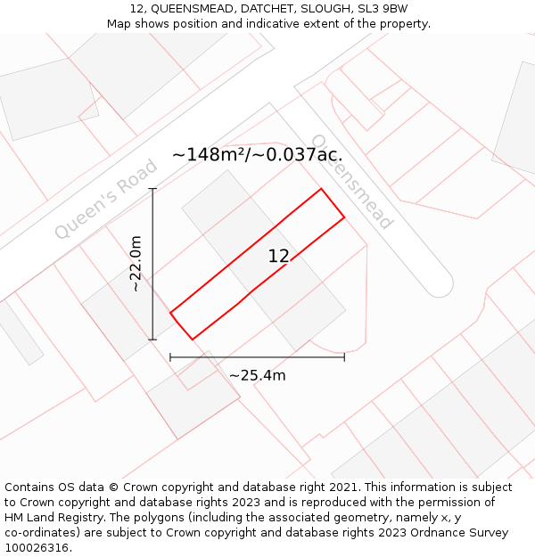 12, QUEENSMEAD, DATCHET, SLOUGH, SL3 9BW: Plot and title map