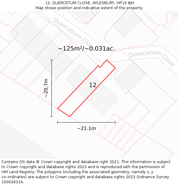 12, QUERCETUM CLOSE, AYLESBURY, HP19 8JN: Plot and title map