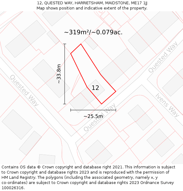 12, QUESTED WAY, HARRIETSHAM, MAIDSTONE, ME17 1JJ: Plot and title map