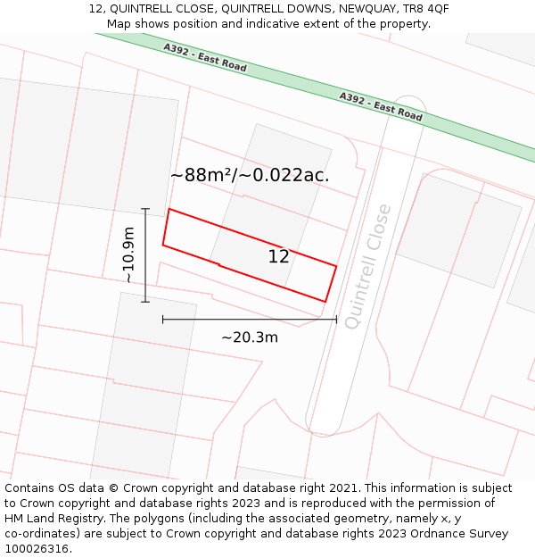 12, QUINTRELL CLOSE, QUINTRELL DOWNS, NEWQUAY, TR8 4QF: Plot and title map