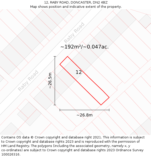 12, RABY ROAD, DONCASTER, DN2 4BZ: Plot and title map