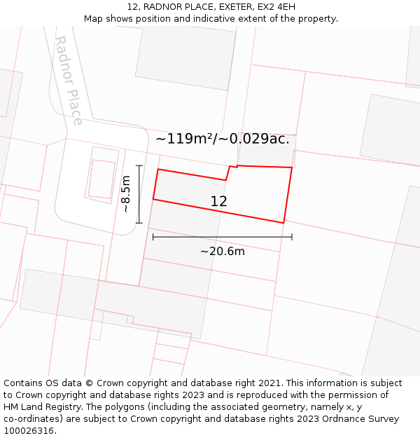 12, RADNOR PLACE, EXETER, EX2 4EH: Plot and title map