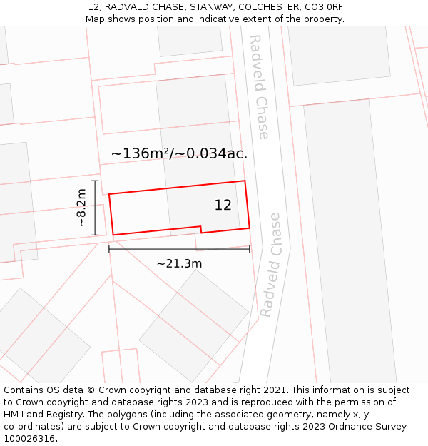 12, RADVALD CHASE, STANWAY, COLCHESTER, CO3 0RF: Plot and title map