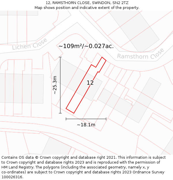 12, RAMSTHORN CLOSE, SWINDON, SN2 2TZ: Plot and title map
