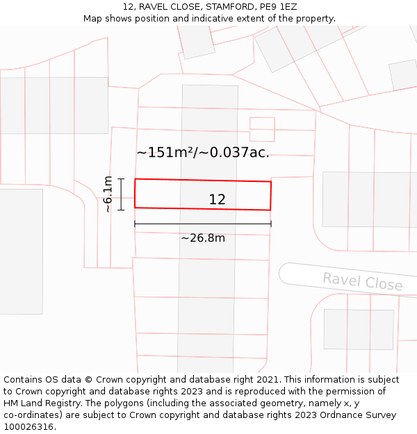 12, RAVEL CLOSE, STAMFORD, PE9 1EZ: Plot and title map