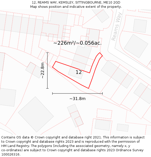 12, REAMS WAY, KEMSLEY, SITTINGBOURNE, ME10 2GD: Plot and title map