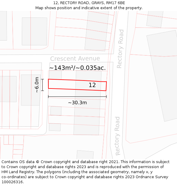 12, RECTORY ROAD, GRAYS, RM17 6BE: Plot and title map