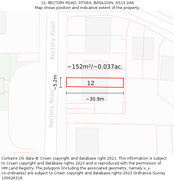 12, RECTORY ROAD, PITSEA, BASILDON, SS13 2AA: Plot and title map