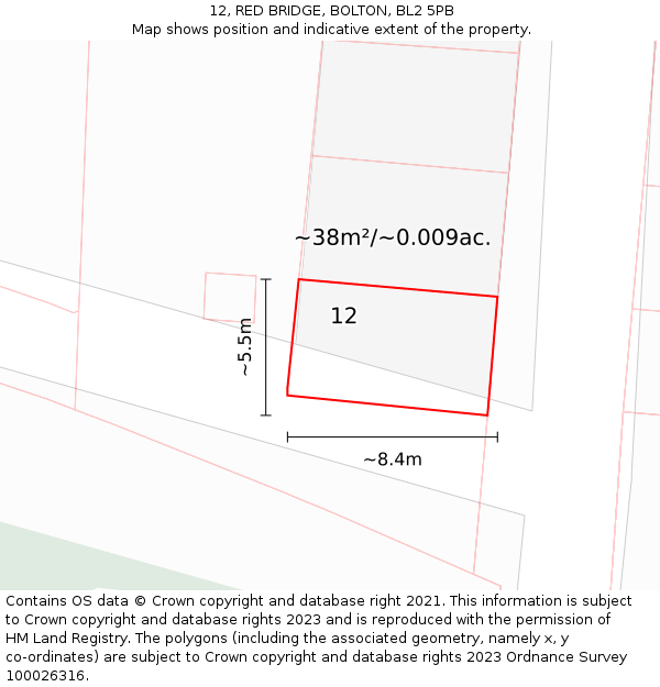 12, RED BRIDGE, BOLTON, BL2 5PB: Plot and title map