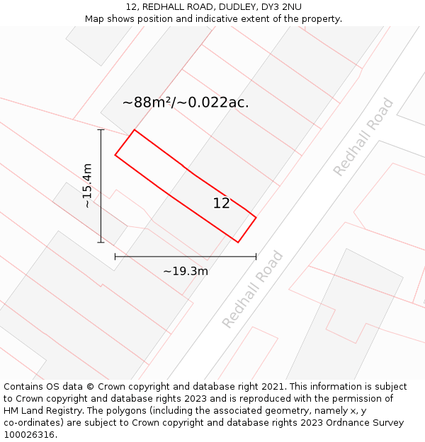 12, REDHALL ROAD, DUDLEY, DY3 2NU: Plot and title map