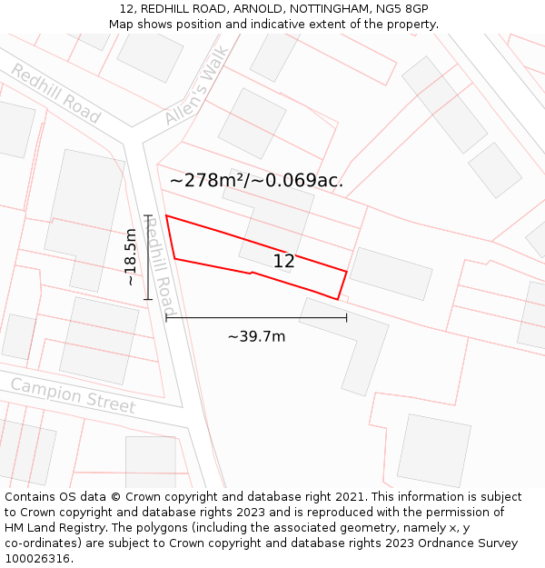 12, REDHILL ROAD, ARNOLD, NOTTINGHAM, NG5 8GP: Plot and title map