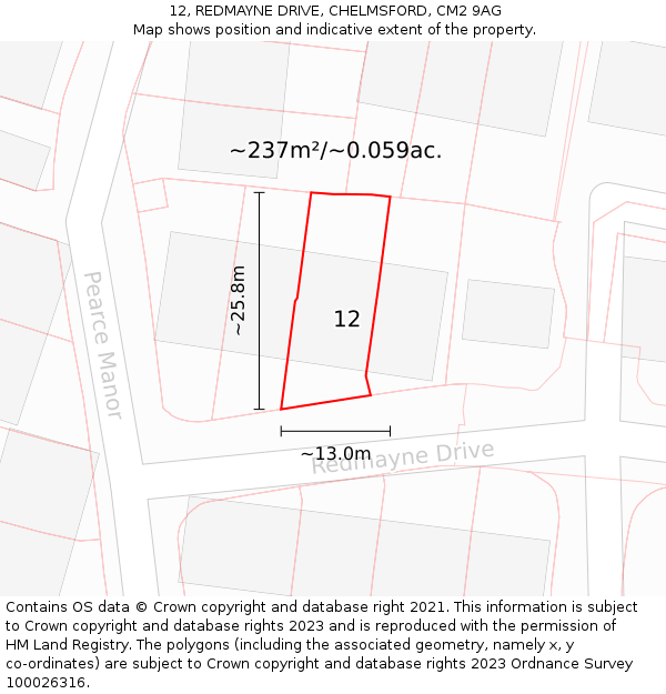 12, REDMAYNE DRIVE, CHELMSFORD, CM2 9AG: Plot and title map