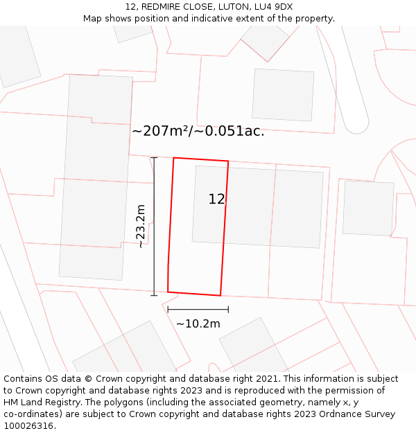 12, REDMIRE CLOSE, LUTON, LU4 9DX: Plot and title map