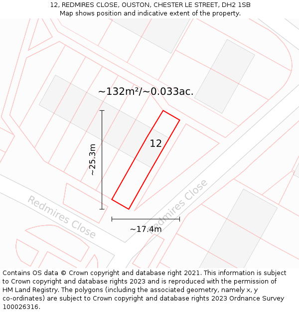 12, REDMIRES CLOSE, OUSTON, CHESTER LE STREET, DH2 1SB: Plot and title map