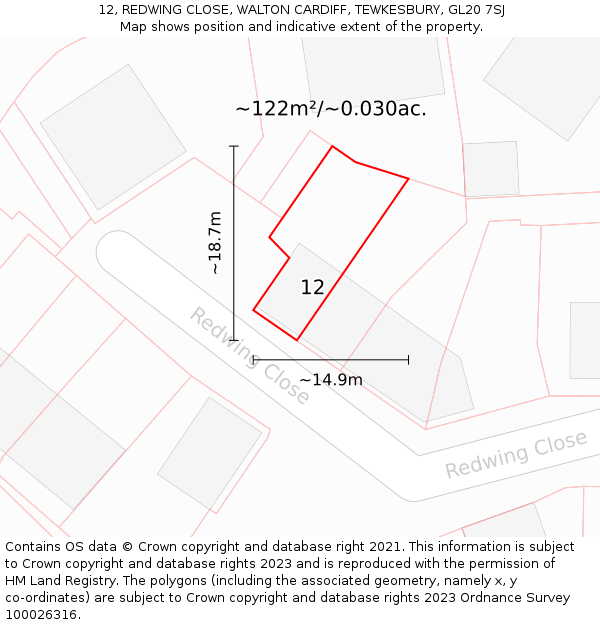 12, REDWING CLOSE, WALTON CARDIFF, TEWKESBURY, GL20 7SJ: Plot and title map