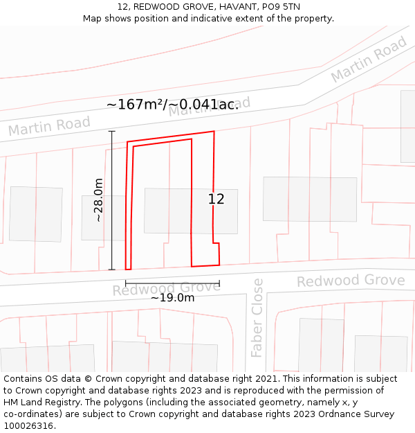 12, REDWOOD GROVE, HAVANT, PO9 5TN: Plot and title map