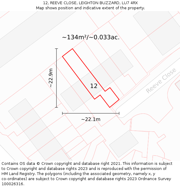 12, REEVE CLOSE, LEIGHTON BUZZARD, LU7 4RX: Plot and title map