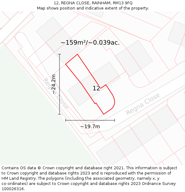 12, REGNA CLOSE, RAINHAM, RM13 9FQ: Plot and title map