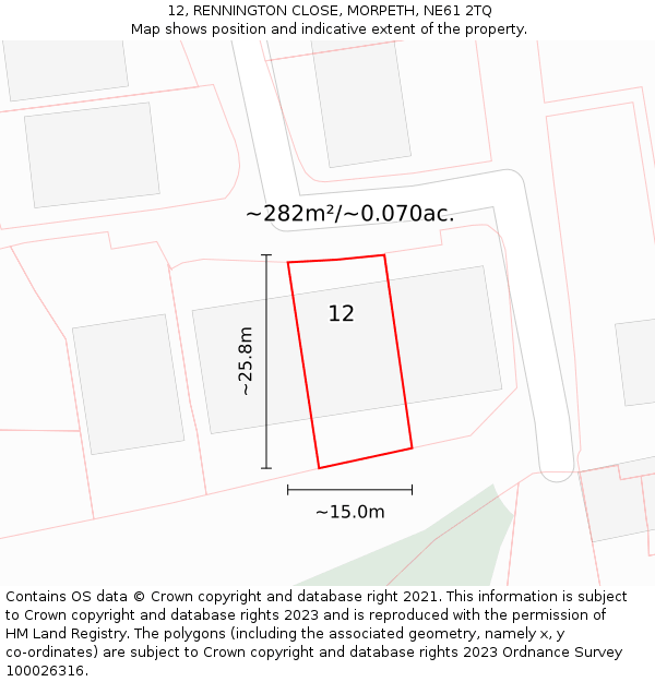 12, RENNINGTON CLOSE, MORPETH, NE61 2TQ: Plot and title map