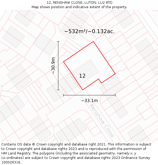 12, RENSHAW CLOSE, LUTON, LU2 8TD: Plot and title map