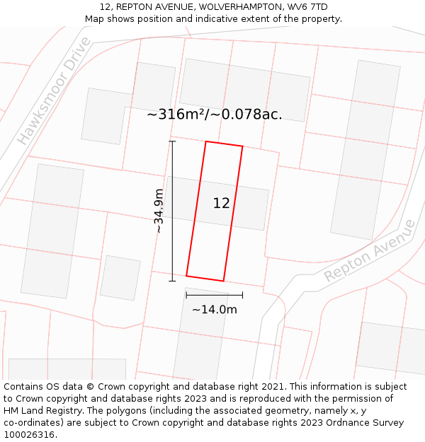 12, REPTON AVENUE, WOLVERHAMPTON, WV6 7TD: Plot and title map