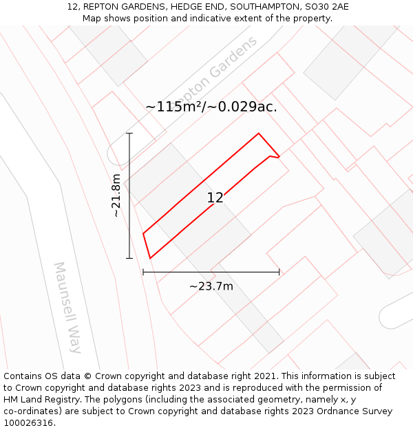 12, REPTON GARDENS, HEDGE END, SOUTHAMPTON, SO30 2AE: Plot and title map