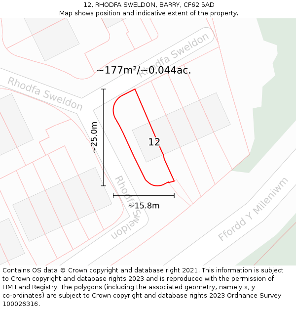 12, RHODFA SWELDON, BARRY, CF62 5AD: Plot and title map