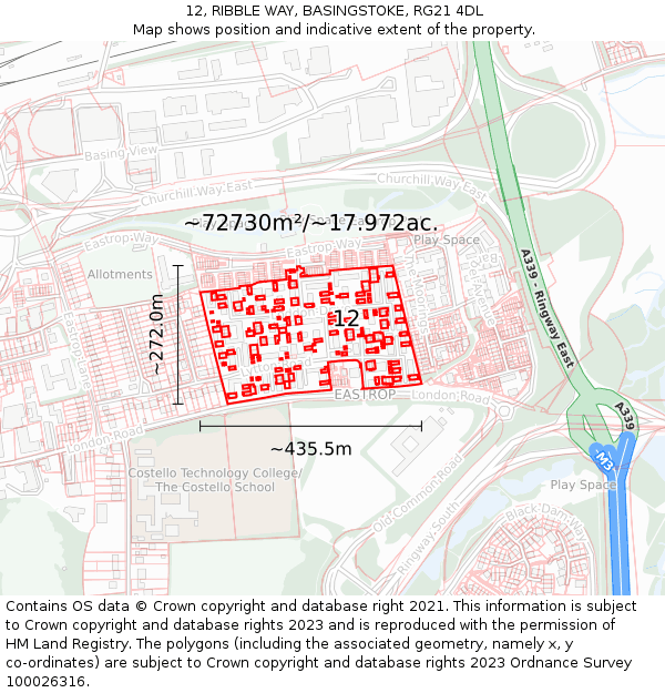 12, RIBBLE WAY, BASINGSTOKE, RG21 4DL: Plot and title map
