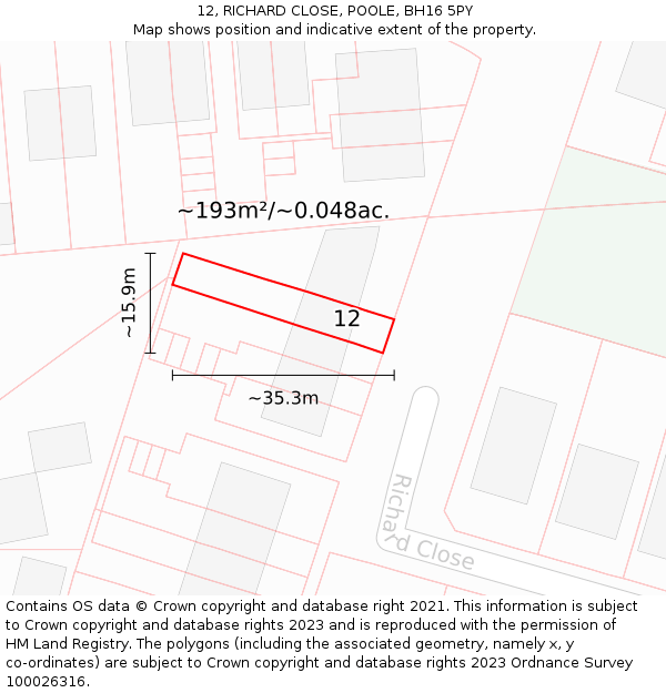 12, RICHARD CLOSE, POOLE, BH16 5PY: Plot and title map